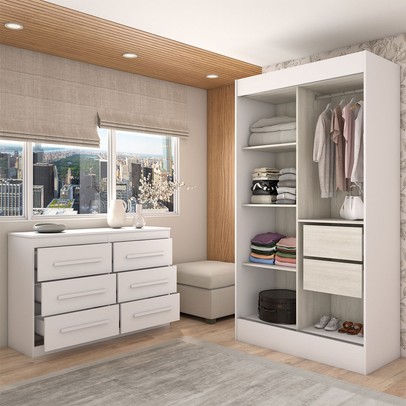 Guarda-Roupa Solteiro Europa 2 Portas 2 Gavetas e Cômoda 6 Gavetas com Espelho Branco - Panorama Móveis