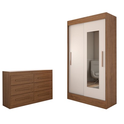 Guarda-Roupa Solteiro Europa 2 Portas 2 Gavetas e Cômoda 6 Gavetas com Espelho Cinamomo/Off White  - Panorama Móveis