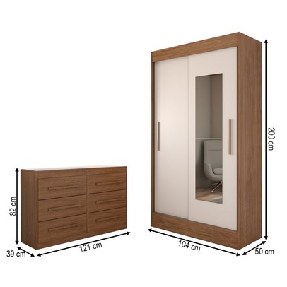 Guarda-Roupa Solteiro Europa 2 Portas 2 Gavetas e Cômoda 6 Gavetas com Espelho Cinamomo/Off White  - Panorama Móveis