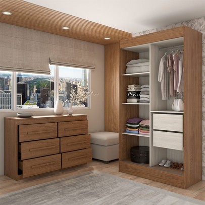 Guarda-Roupa Solteiro Europa 2 Portas 2 Gavetas e Cômoda 6 Gavetas com Espelho Cinamomo/Off White  - Panorama Móveis