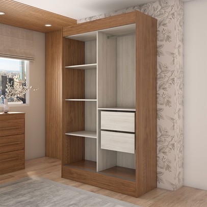 Guarda-Roupa Solteiro Europa 2 Portas 2 Gavetas e Cômoda 6 Gavetas com Espelho Cinamomo/Off White  - Panorama Móveis