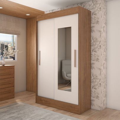 Guarda-Roupa Solteiro Europa 2 Portas 2 Gavetas e Cômoda 6 Gavetas com Espelho Cinamomo/Off White  - Panorama Móveis