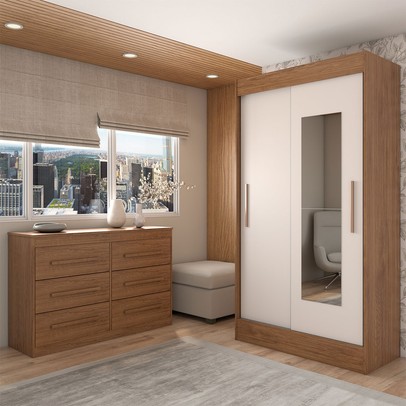 Guarda-Roupa Solteiro Europa 2 Portas 2 Gavetas e Cômoda 6 Gavetas com Espelho Cinamomo/Off White  - Panorama Móveis