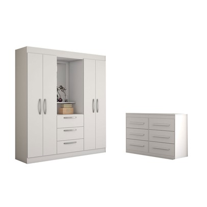 Guarda-Roupa Solteiro Europa 4 Portas 3 Gavetas e Cômoda 6 Gavetas Branco - Panorama Moveis