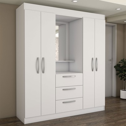 Guarda-Roupa Solteiro Europa 4 Portas 3 Gavetas e Cômoda 6 Gavetas Branco - Panorama Moveis