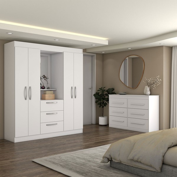 Guarda-Roupa Solteiro Europa 4 Portas 3 Gavetas e Cômoda 6 Gavetas Branco - Panorama Moveis