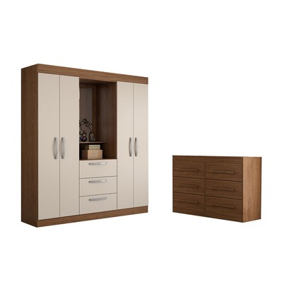 Guarda-Roupa Solteiro Europa 4 Portas 3 Gavetas e Cômoda 6 Gavetas Cinamomo/Off White - Panorama Moveis
