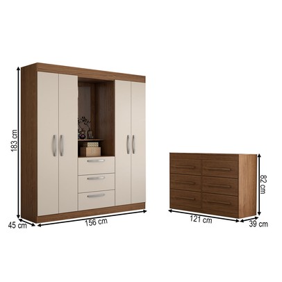 Guarda-Roupa Solteiro Europa 4 Portas 3 Gavetas e Cômoda 6 Gavetas Cinamomo/Off White - Panorama Moveis