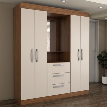 Guarda-Roupa Solteiro Europa 4 Portas 3 Gavetas e Cômoda 6 Gavetas Cinamomo/Off White - Panorama Moveis