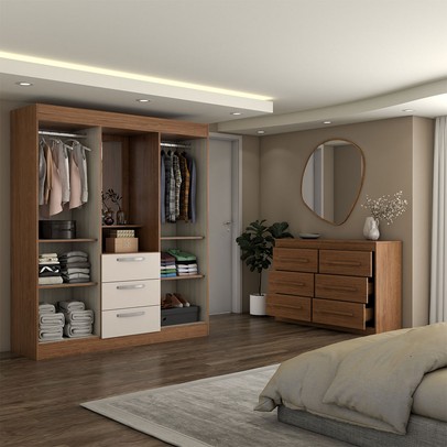 Guarda-Roupa Solteiro Europa 4 Portas 3 Gavetas e Cômoda 6 Gavetas Cinamomo/Off White - Panorama Moveis