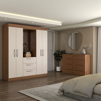 Guarda-Roupa Solteiro Europa 4 Portas 3 Gavetas e Cômoda 6 Gavetas Cinamomo/Off White - Panorama Moveis