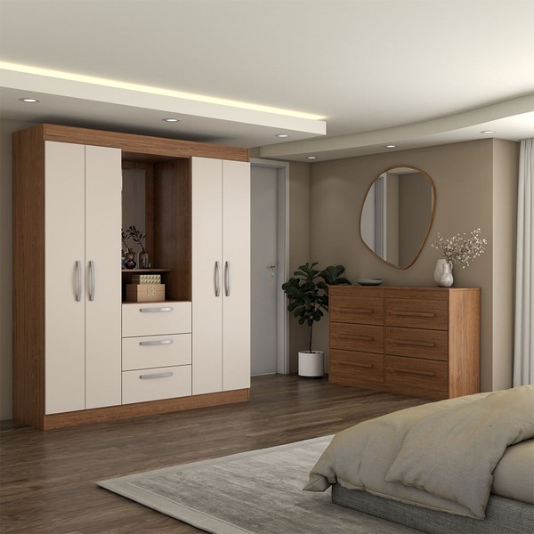 Guarda-Roupa Solteiro Europa 4 Portas 3 Gavetas e Cômoda 6 Gavetas Cinamomo/Off White - Panorama Moveis