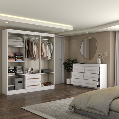 Guarda-Roupa Solteiro Europa 6 Portas 2 Gavetas e Cômoda 6 Gavetas 100% Mdf Branco - Panorama Móveis