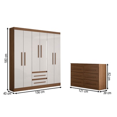 Guarda-Roupa Solteiro Europa 6 Portas 2 Gavetas e Cômoda 6 Gavetas 100% Mdf Cinamomo/Off White - Panorama Móveis