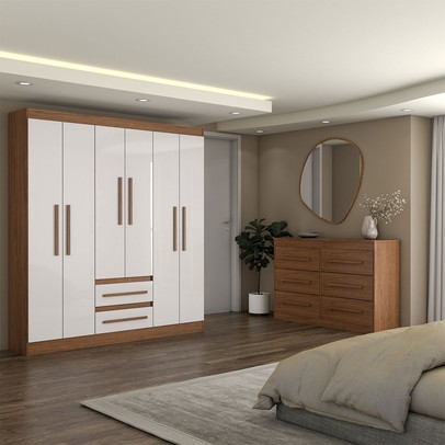 Guarda-Roupa Solteiro Europa 6 Portas 2 Gavetas e Cômoda 6 Gavetas 100% Mdf Cinamomo/Off White - Panorama Móveis