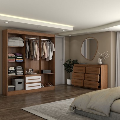 Guarda-Roupa Solteiro Europa 6 Portas 2 Gavetas e Cômoda 6 Gavetas 100% Mdf Cinamomo/Off White - Panorama Móveis