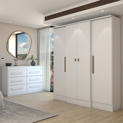 Guarda-Roupa Casal Europa 4 Portas 2 Gavetas e Cômoda 6 Gavetas Branco - Panorama Móveis