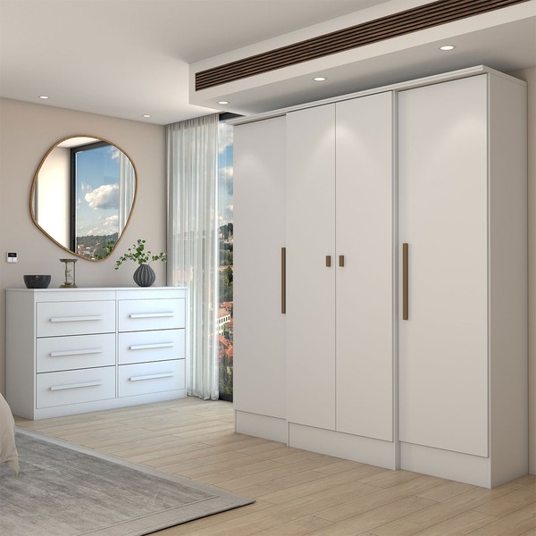 Guarda-Roupa Casal Europa 4 Portas 2 Gavetas e Cômoda 6 Gavetas Branco - Panorama Móveis