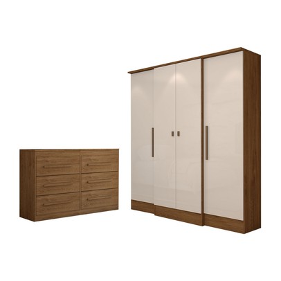 Guarda-Roupa Casal Europa 4 Portas 2 Gavetas e Cômoda 6 Gavetas Cinamomo/Off White - Panorama Móveis