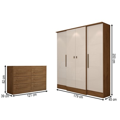 Guarda-Roupa Casal Europa 4 Portas 2 Gavetas e Cômoda 6 Gavetas Cinamomo/Off White - Panorama Móveis