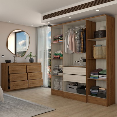 Guarda-Roupa Casal Europa 4 Portas 2 Gavetas e Cômoda 6 Gavetas Cinamomo/Off White - Panorama Móveis