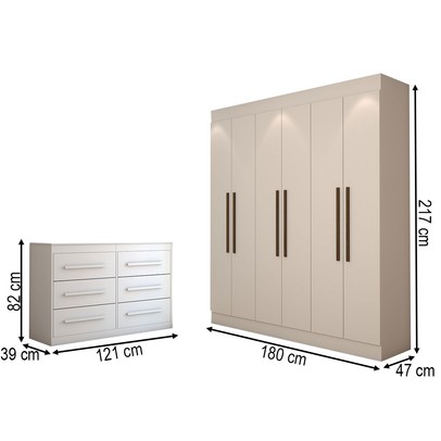 Guarda-Roupa Casal Europa 6 Portas 2 Gavetas e Cômoda 6 Gavetas 100% Mdf Branco - Panorama Móveis