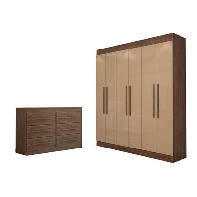 Guarda-Roupa Casal Europa 6 Portas 2 Gavetas e Cômoda 6 Gavetas 100% Mdf Castanho - Panorama Móveis