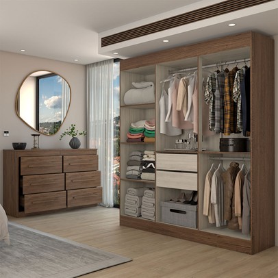 Guarda-Roupa Casal Europa 6 Portas 2 Gavetas e Cômoda 6 Gavetas 100% Mdf Castanho - Panorama Móveis