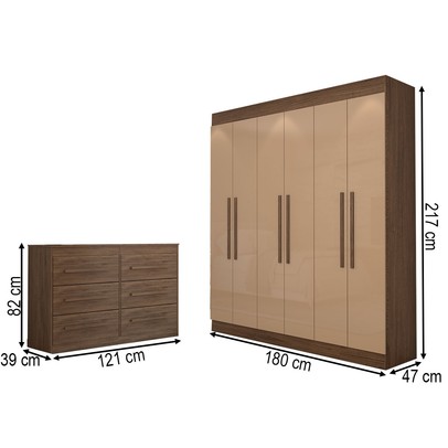 Guarda-Roupa Casal Europa 6 Portas 2 Gavetas e Cômoda 6 Gavetas 100% Mdf Castanho - Panorama Móveis