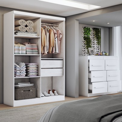 Guarda-Roupa Solteiro Europa 4 Portas 2 Gavetas Cômoda 6 Gavetas Branco - Panorama Móveis