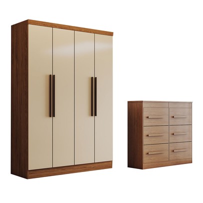 Guarda-Roupa Solteiro Europa 4 Portas 2 Gavetas Cômoda 6 Gavetas Cinamomo/Off White - Panorama Móveis