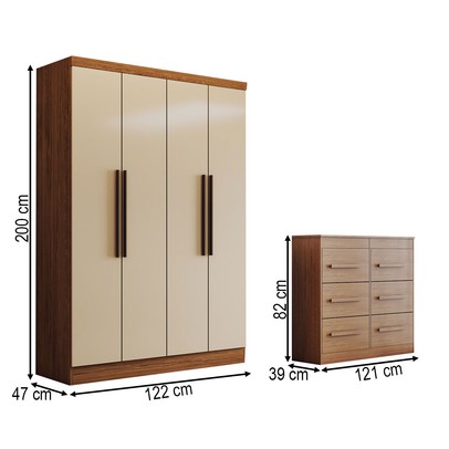 Guarda-Roupa Solteiro Europa 4 Portas 2 Gavetas Cômoda 6 Gavetas Cinamomo/Off White - Panorama Móveis