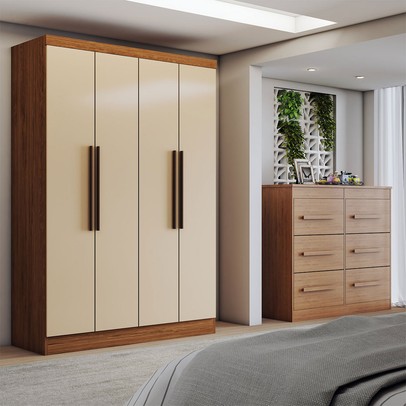 Guarda-Roupa Solteiro Europa 4 Portas 2 Gavetas Cômoda 6 Gavetas Cinamomo/Off White - Panorama Móveis