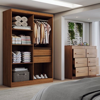 Guarda-Roupa Solteiro Europa 4 Portas 2 Gavetas Cômoda 6 Gavetas Cinamomo/Off White - Panorama Móveis