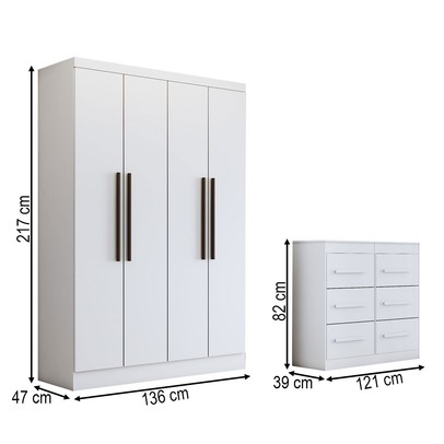 Guarda-Roupa Solteiro Europa 4 Portas 2 Gavetas com Cômoda 6 Gavetas Branco - Panorama Móveis