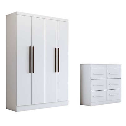 Guarda-Roupa Solteiro Europa 4 Portas 2 Gavetas com Cômoda 6 Gavetas Branco - Panorama Móveis