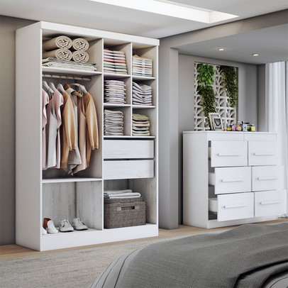 Guarda-Roupa Solteiro Europa 4 Portas 2 Gavetas com Cômoda 6 Gavetas Branco - Panorama Móveis