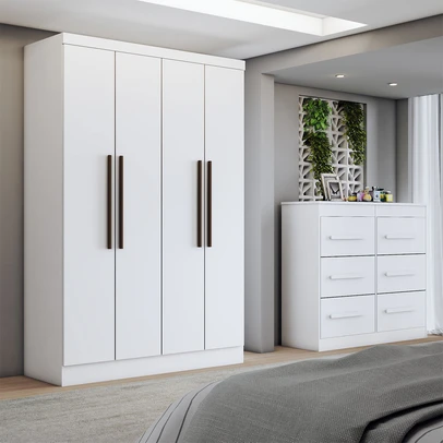 Guarda-Roupa Solteiro Europa 4 Portas 2 Gavetas com Cômoda 6 Gavetas Branco - Panorama Móveis