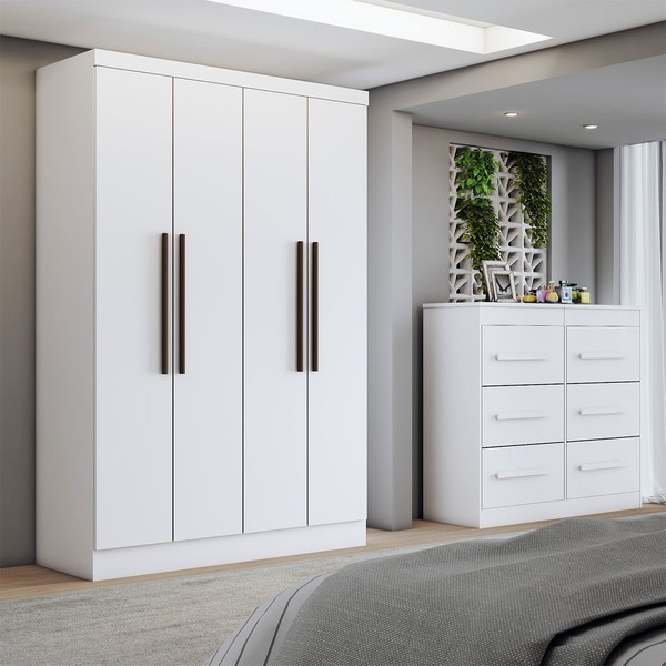 Guarda-Roupa Solteiro Europa 4 Portas 2 Gavetas com Cômoda 6 Gavetas Branco - Panorama Móveis