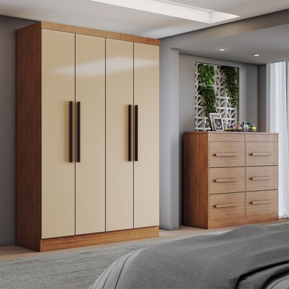 Guarda-Roupa Solteiro Europa 4 Portas 2 Gavetas com Cômoda 6 Gavetas Nude/Nogueira - Panorama Móveis
