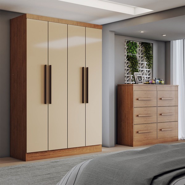 Guarda-Roupa Solteiro Europa 4 Portas 2 Gavetas com Cômoda 6 Gavetas Nude/Nogueira - Panorama Móveis