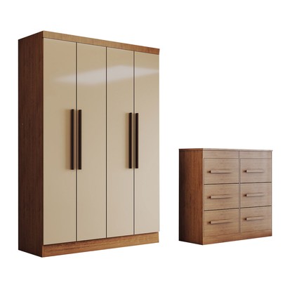 Guarda-Roupa Solteiro Europa 4 Portas 2 Gavetas com Cômoda 6 Gavetas Nude/Nogueira - Panorama Móveis