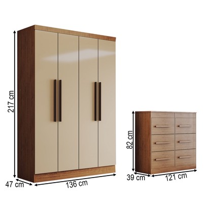 Guarda-Roupa Solteiro Europa 4 Portas 2 Gavetas com Cômoda 6 Gavetas Nude/Nogueira - Panorama Móveis