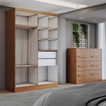 Guarda-Roupa Solteiro Europa 4 Portas 2 Gavetas com Cômoda 6 Gavetas Nude/Nogueira - Panorama Móveis