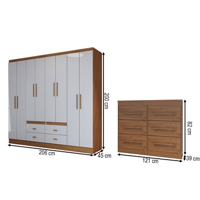 Guarda-Roupa Casal Europa 8 Portas 4 Gavetas e Cômoda 6 Gavetas Cinamomo/Off White - Panorama Móveis