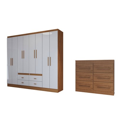 Guarda-Roupa Casal Europa 8 Portas 4 Gavetas e Cômoda 6 Gavetas Cinamomo/Off White - Panorama Móveis