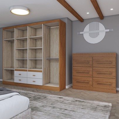 Guarda-Roupa Casal Europa 8 Portas 4 Gavetas e Cômoda 6 Gavetas Cinamomo/Off White - Panorama Móveis