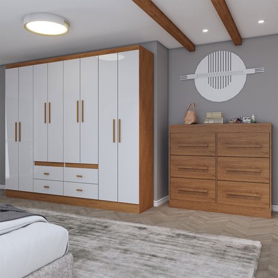 Guarda-Roupa Casal Europa 8 Portas 4 Gavetas e Cômoda 6 Gavetas Cinamomo/Off White - Panorama Móveis