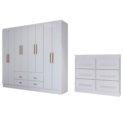 Guarda-Roupa Casal Europa 8 Portas 4 Gavetas e Cômoda 6 Gavetas Branco - Panorama Móveis