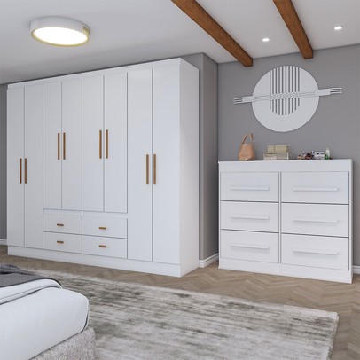 Guarda-Roupa Casal Europa 8 Portas 4 Gavetas e Cômoda 6 Gavetas Branco - Panorama Móveis
